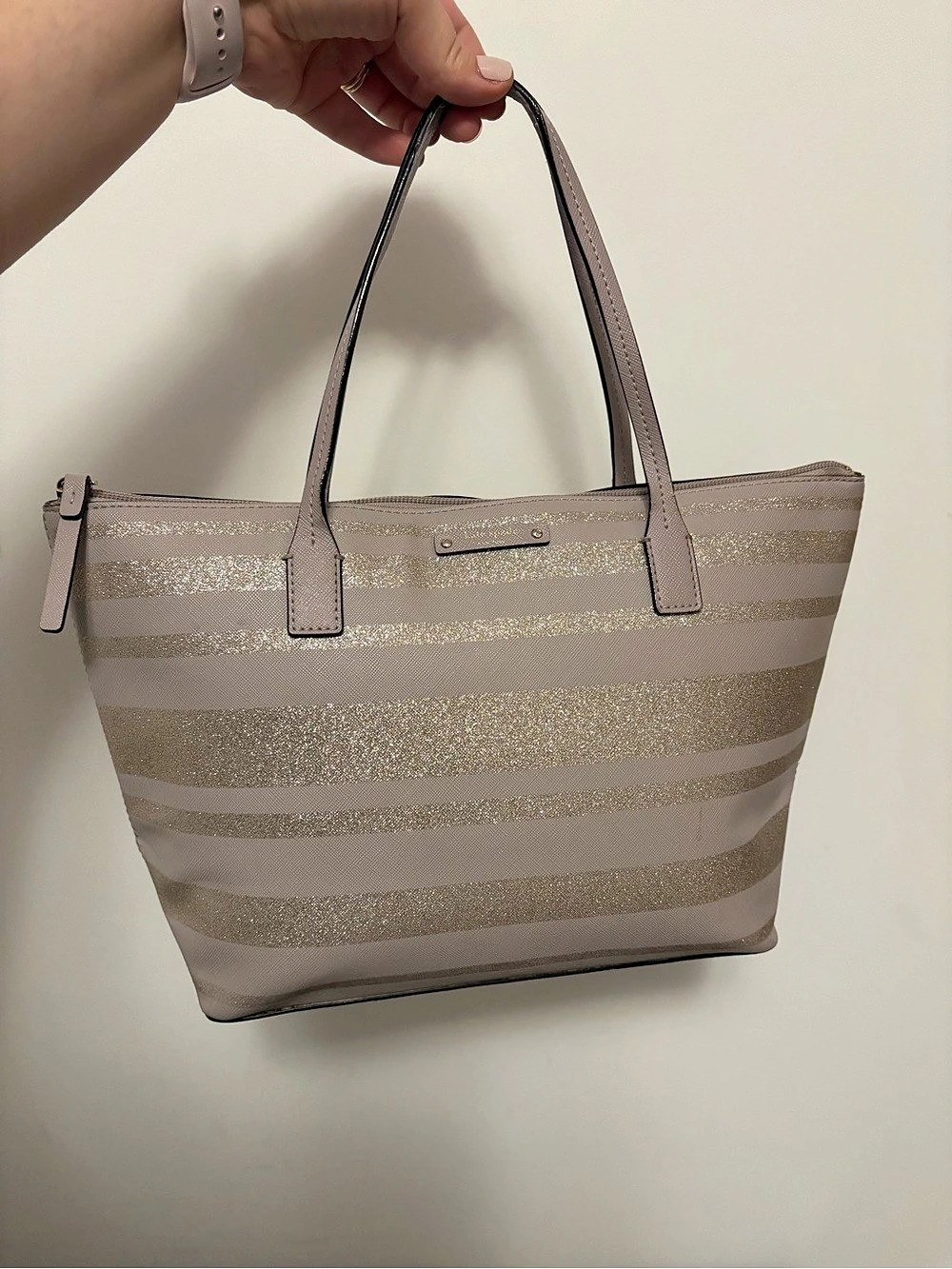 Kate Spade Glitter Tote Striped Pink & Gold